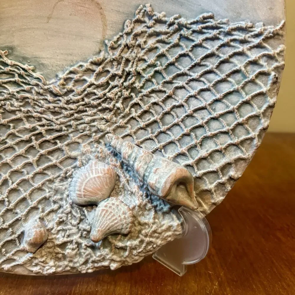 Vintage Portugal Earthenware Pottery Seashell Fish Net Decorative Bowl 12”